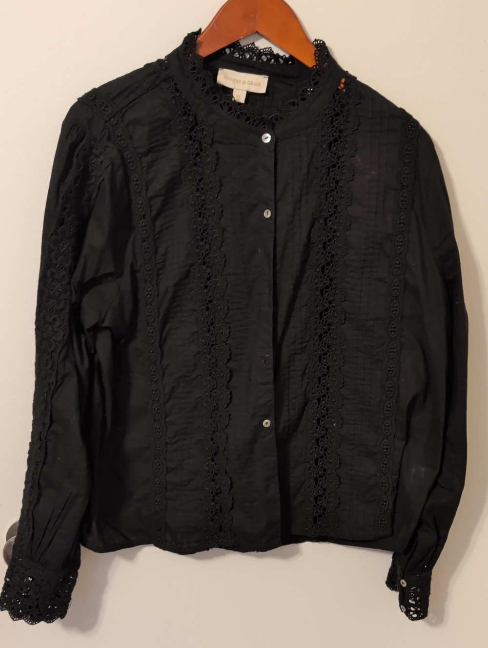 Anthropologie Black Lace-Trim Button Down Blouse